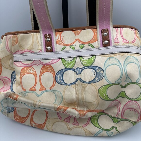 Coach Hampton Scribble Tote Bag Multicolor Canvas Leather Trim - Picture 5 of 9